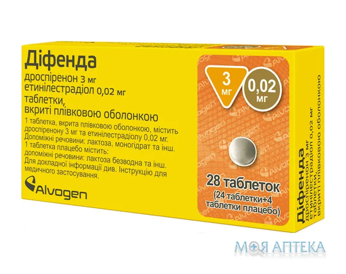 Діфенда табл. п/плів. оболонкою 0,02 мг+3 мг блістер, (24+4) №28