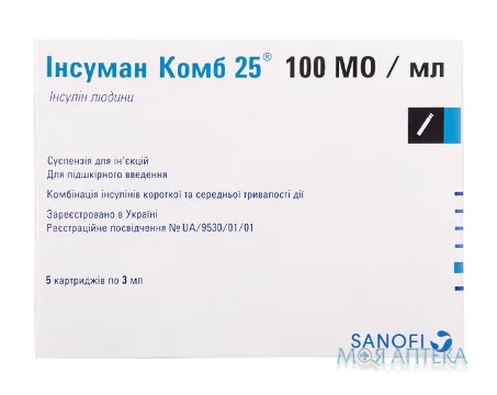Інсуман Комб 25 сусп. д/ін. 100 МО/мл картридж 3 мл №5