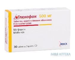 Глюкофаж таблетки, в/плів. обол., по 500 мг №30 (15х2)