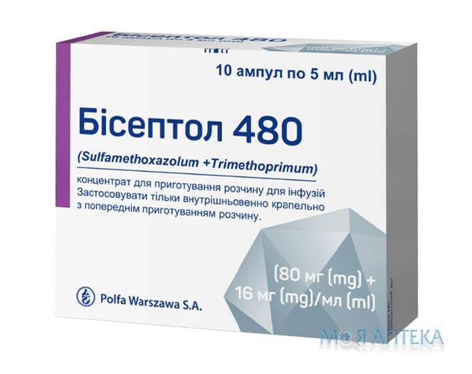 Бисептол 480 концентрат д/приг. р-ра д/инф. (80 мг + 16 мг)/мл по 5 мл в амп. №10