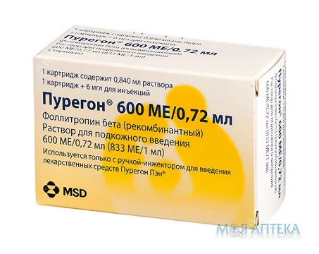 Пурегон р-н д/ін. 600 МЕ/0,72 мл картридж 0,78 мл, у компл. з голками №1