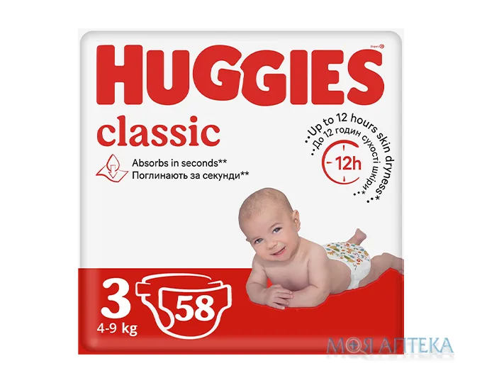 Підгузки Хаггіс (Huggies) Classic 3 (4-9 кг) 58шт.