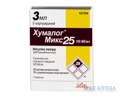 Хумалог Мікс 25 сусп. д/підшкірні. введ. 100 МО/мл картридж 3 мл №5