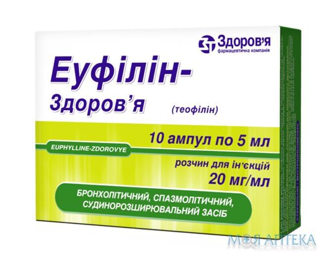 Еуфілін-Здоров`я р-н д/ін. 20 мг/мл амп. 5 мл, в блістері в коробці №10