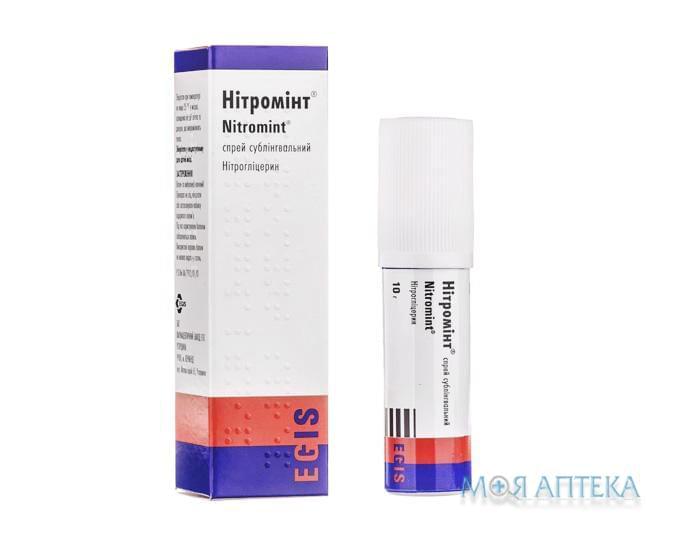 Нитроминт спрей сублингв., 0,4 мг/доза по 10 г (180 доз) в баллон.