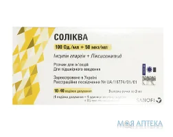 Соліква розчин д/ін. 100 ОД/50 мкг/мл по 3 мл №3 у картр., вмонт. в шпр.-руч.