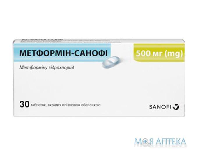 Метформін-Санофі таблетки, в/плів. обол., по 500 мг №30 (15х2)