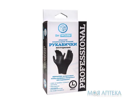 Рукавички Оглядові Нітрилові Нестерильні Dr. WHITE Professional чорні, неприпудр., L №10