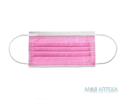 Маска медична 3-х шарова, на резинках, рожева №50