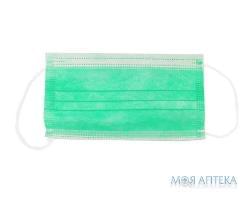 Маска медична +103 3-х шарова, на резинках, зелена, н/стерил. №1