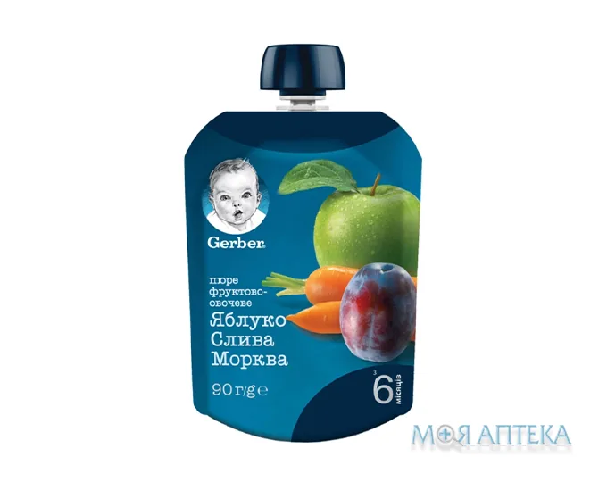 Пюре Gerber (Гербер) яблуко, слива, морква 90 г, пакет
