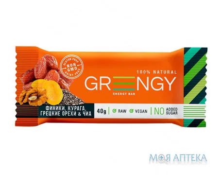 Батончик Грінжі (Greengy) Курага, Волоські горіхи, Чіа і Фініки, 40 г