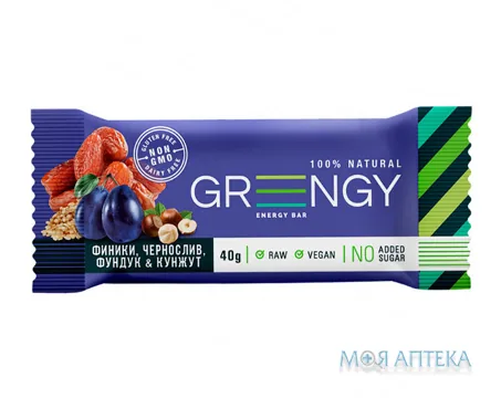 Батончик Грінжі (Greengy) Чорнослив, Фундук, Кунжут і Фініки, 40 г