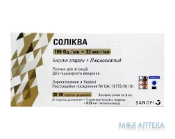 Соліква розчин д/ін. 100 ОД/33 мкг/мл по 3 мл №3 у картр., вмонт. в шпр.-руч.