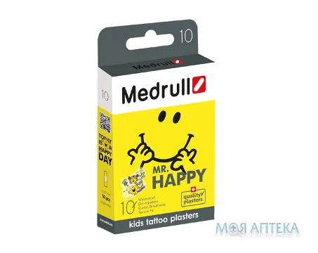 Пластир дитячий бактерицидний Медрулл (Medrull) тату Mr. Happy 2,5 см х 5,7 см на полімерній основі №10