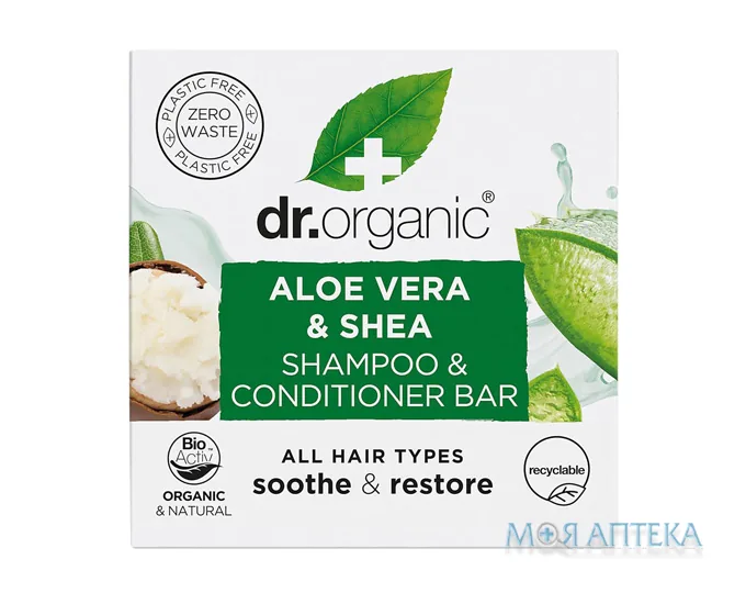 Др. Органік (Dr. Organic) Шампунь-бальзам-кондиціонер для волосся твердий з алое вера та олією ши 75 г