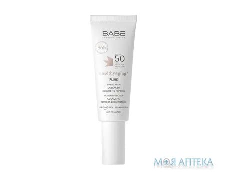 Babe Laboratorios (Бабе Лабораторіос) Healthy Aging Флюїд для обличчя сонцезахисний з Anti-Age ефектом з коллагеном і пептидами SPF-50 40 мл