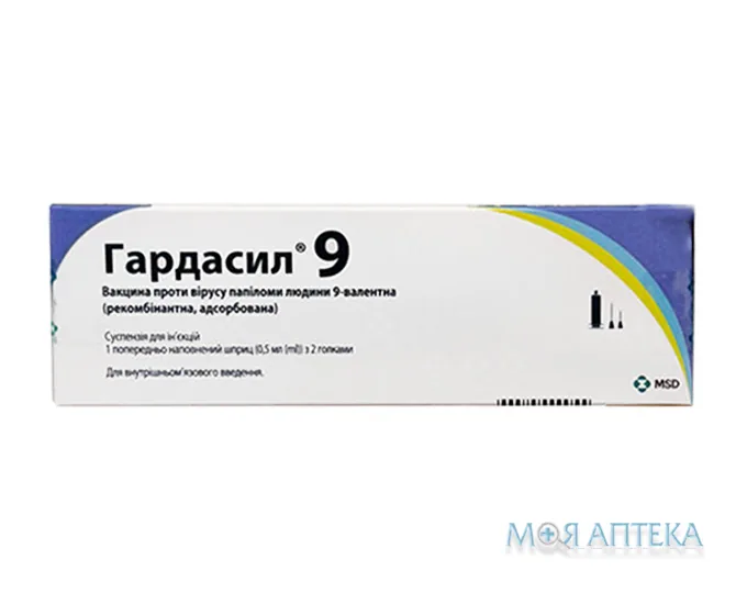 Гардасил 9 (тип 6, 11, 16, 18, 31, 33, 45, 52, 58) сусп. для в/м введ. шприц однораз. 0,5 мл, 1 доза №1