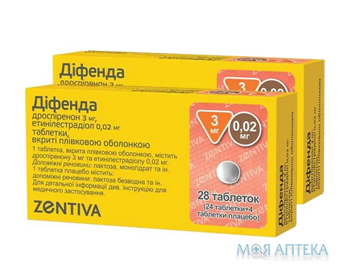 Діфенда табл. п/плів. оболонкою 0,02 мг+3 мг блістер, (24+4) №28 (1+1)