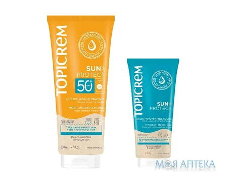 Топікрем (Topicrem) Sun Protect Набір Молочко для обличчя та тіла сонцезахисне зволожуюче SPF 50+ 200 мл + Гель після засмаги тонізуючий 50 мл