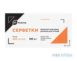 Серветки Просочені Спиртовим Розчином Для Ін`єкцій ОК Фарма (OK Pharma) 6 см х 3 см, №100